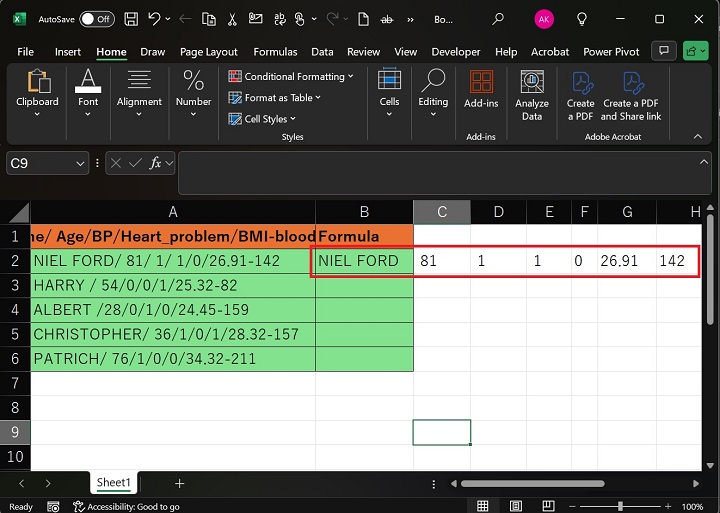 A2 Cell will be split into Consecutive Columns