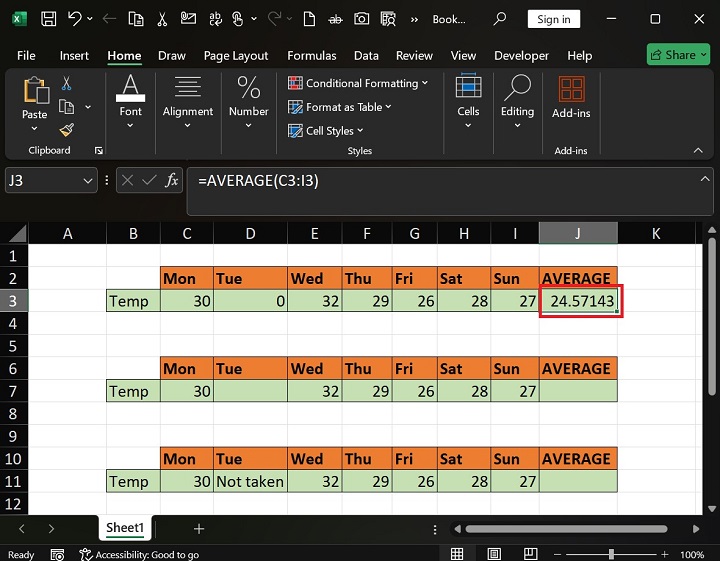 AVERAGE Function in Excel 1