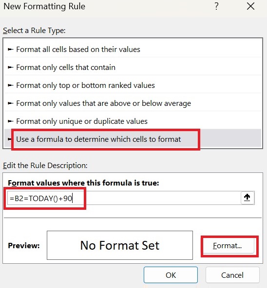 Calculate 90 Days from Current Date in Excel2