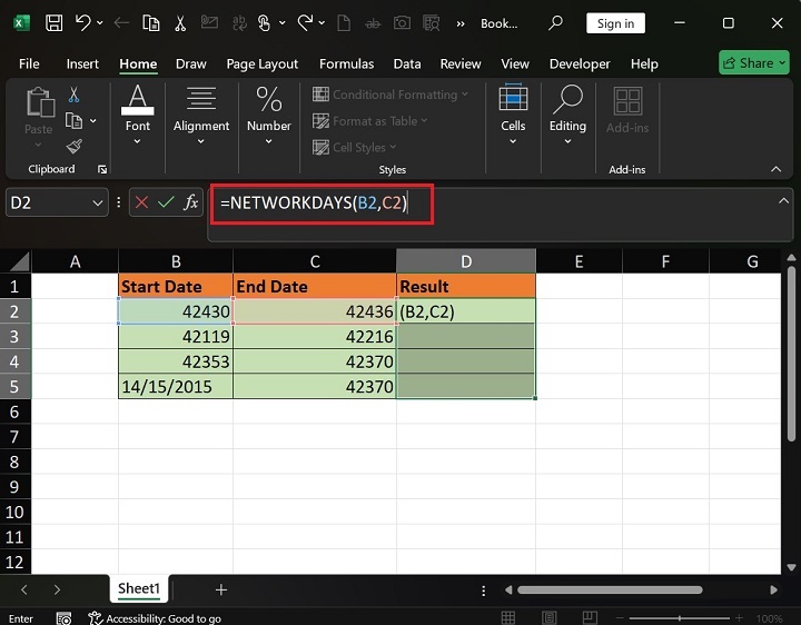 Calculate Working Days between Start and End Date2