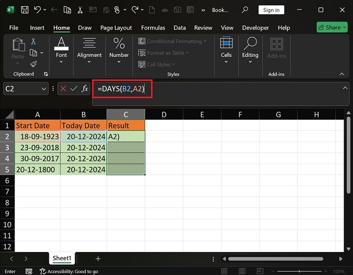 Calculating Days from Date to Today Utilizing2