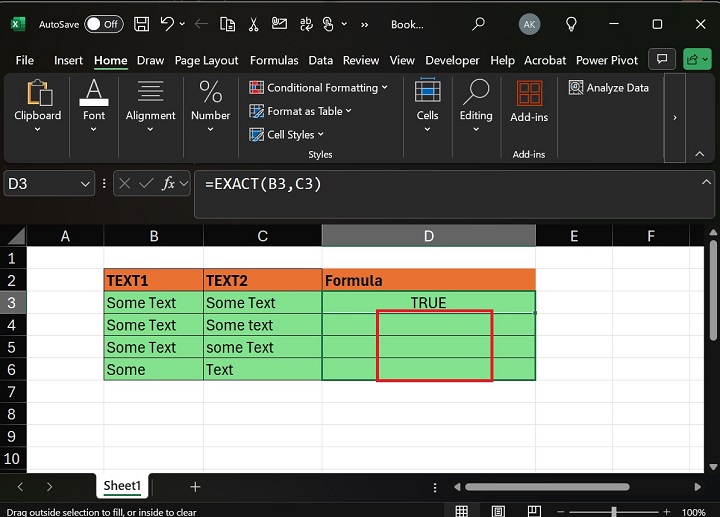 Compare Text Strings in Range B4:C6