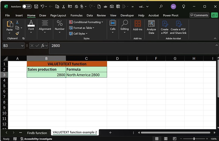CONCATENATE function with the VALUETOTEXT function