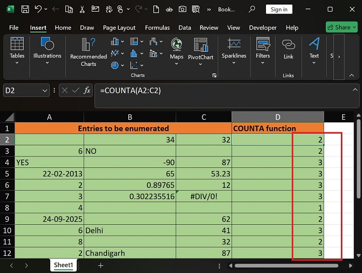 COUNTA Function in Excel 2