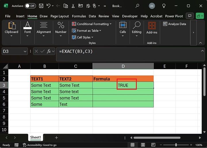 EXACT Function will Retrieve TRUE Value