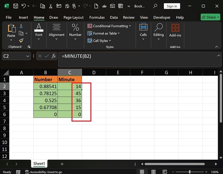 Examples of the MINUTE Function in Excel2