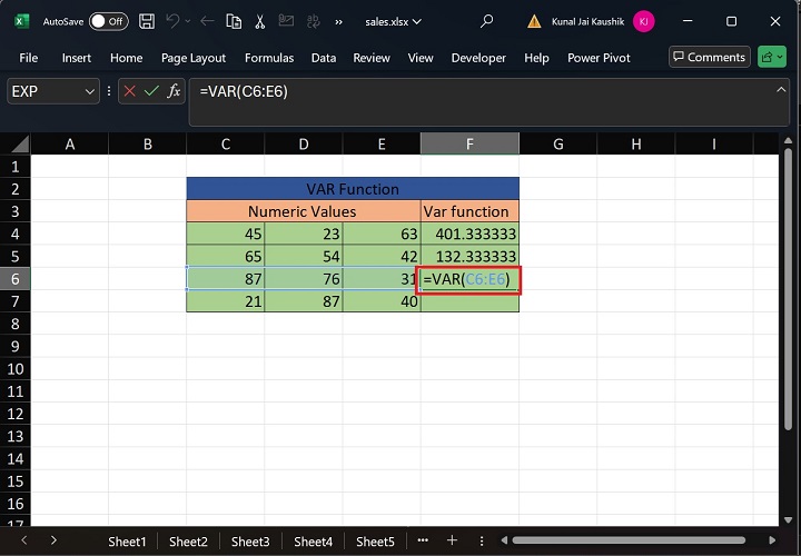 Excel VAR Function 5