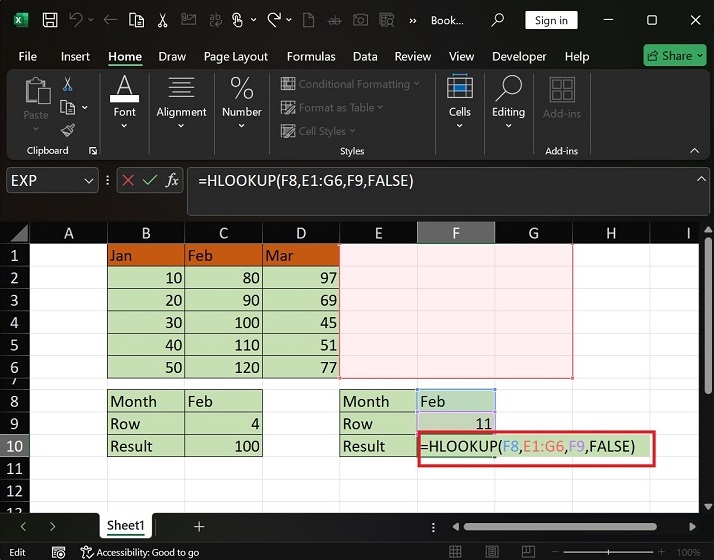 Execute the HLOOKUP Function in Excel4