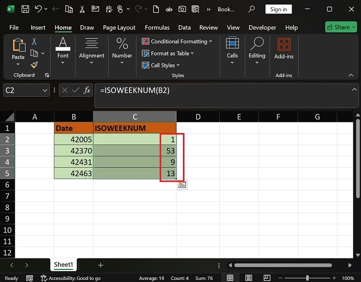 Get the ISO Week Number from Date in Excel3