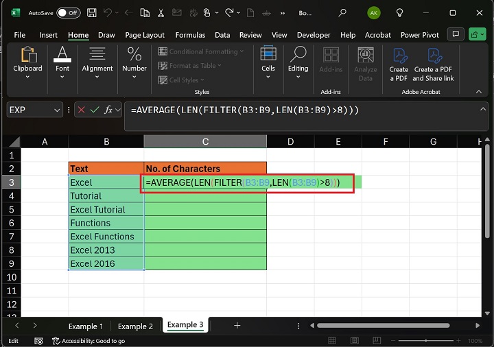 Merging LEN, FILTER, and AVERAGE Functions