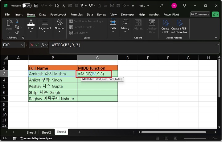 MIDB Function in Excel