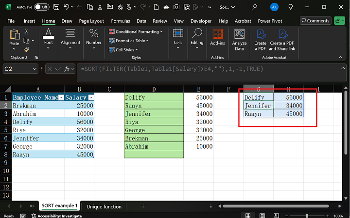 SORT and FILTER Function in Excel
