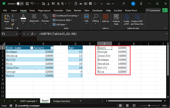 SORTBY Function in Excel 2