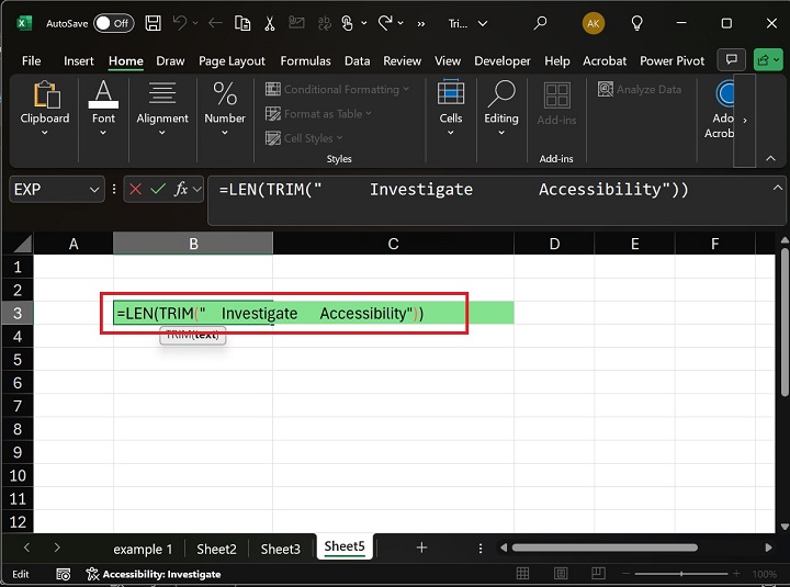 Use of LEN function with TRIM function in Excel