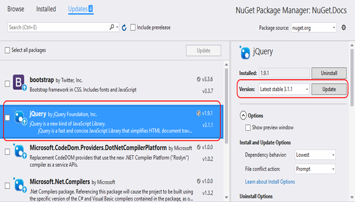 NuGet Package Manager Update Package