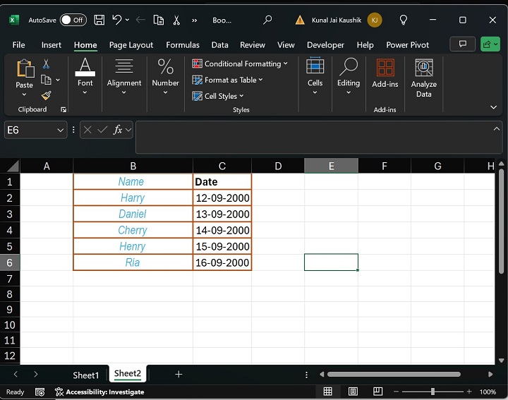 Border Style Changed of Selected Range B1:B6