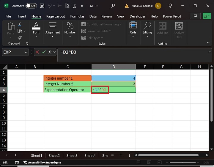 Exponentiation Microsoft Excel