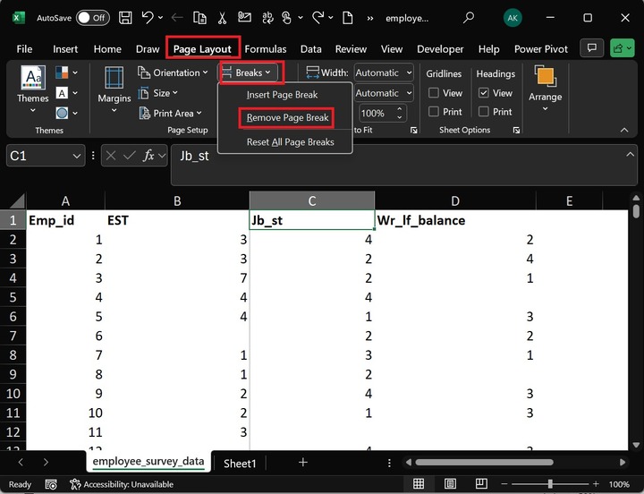 Remove Vertical Page Breaks in Excel 1