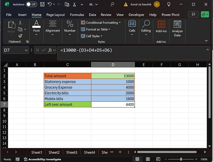 Subtraction Microsoft Excel