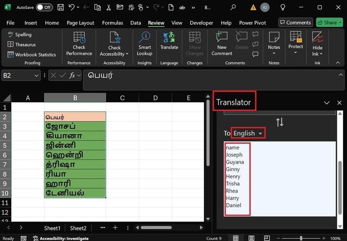 Translation in Microsoft Excel 1