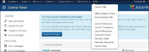 joomla Help Menu