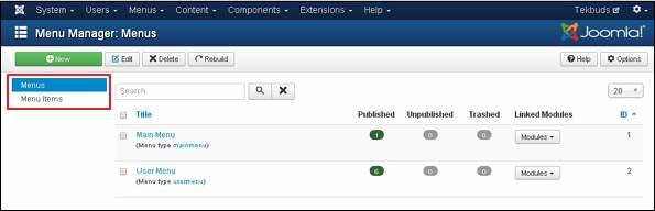 Joomla Menus Menu