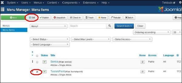joomla Modify Menu Items