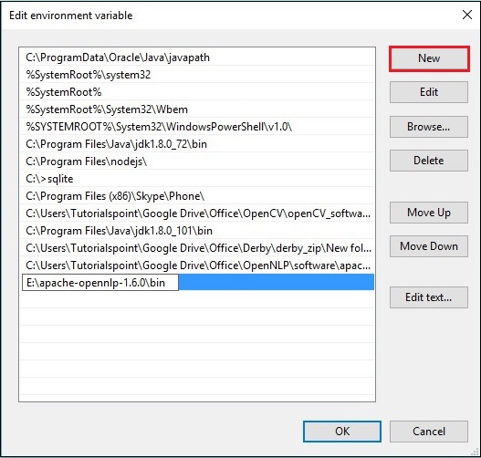 Edit Environment Variable Window