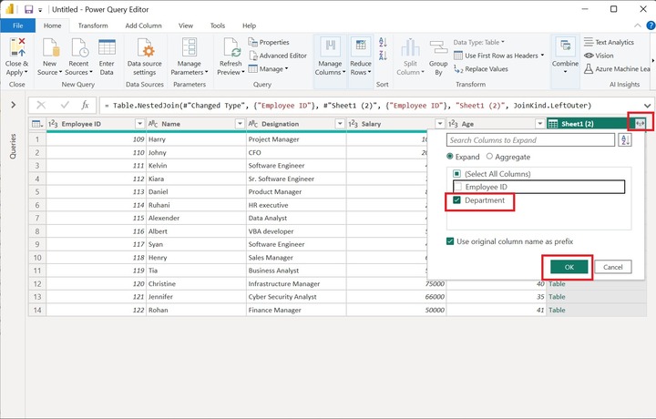 Left Outer Join in Power Query Editor 2