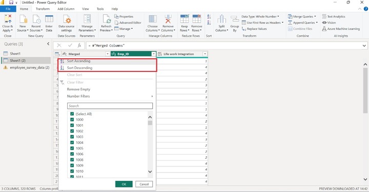 Sorting the Column Data