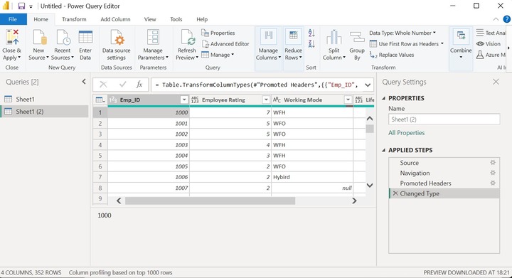 Transform Data into Power Query Editor 1