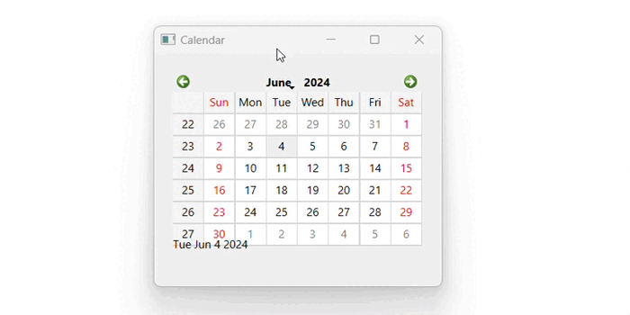 QCalendar Widget Output