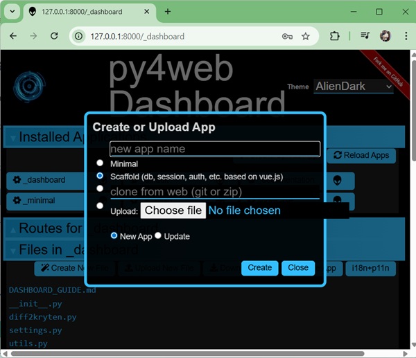 py4web Create App Using Dashboard