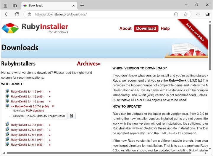 Installation Using RubyInstaller