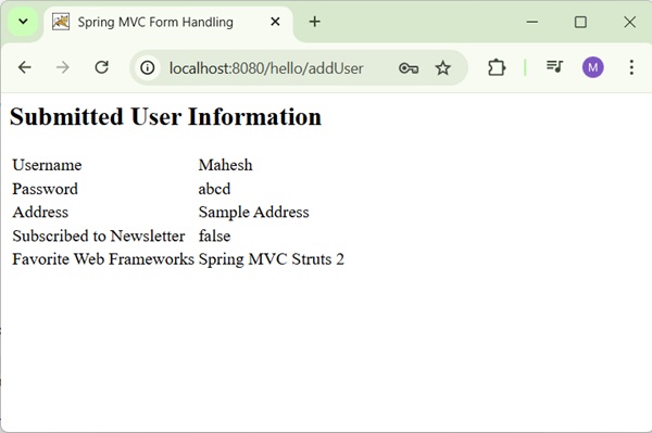 Spring Checkboxes Form Result