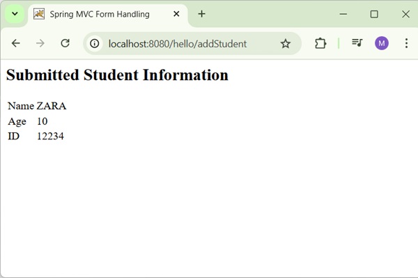 Textbox Spring Student Form Result