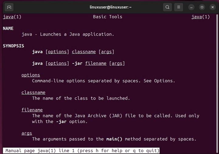 Access Manual Page of java Command