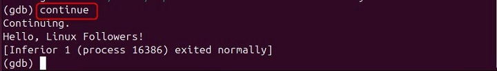 Continuing Execution Using gdb