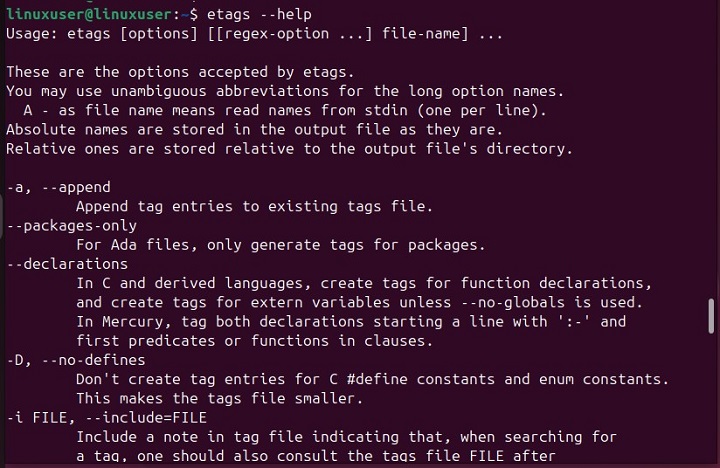 Help Page of etags Command
