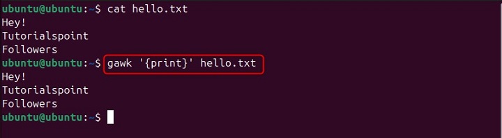 Print All Lines Using gawk Command