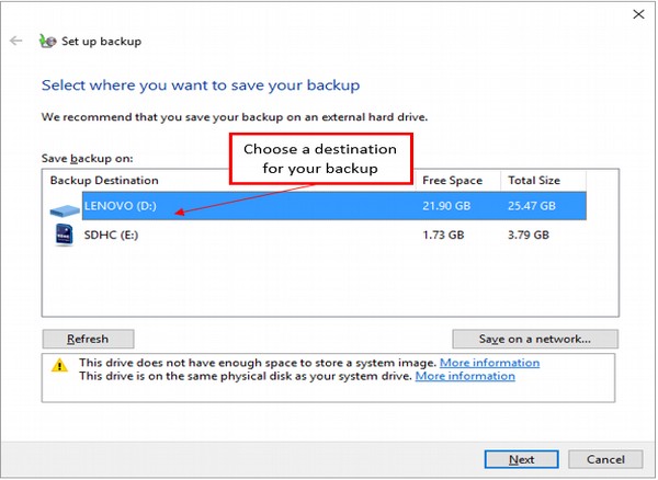 Set up Backup Window